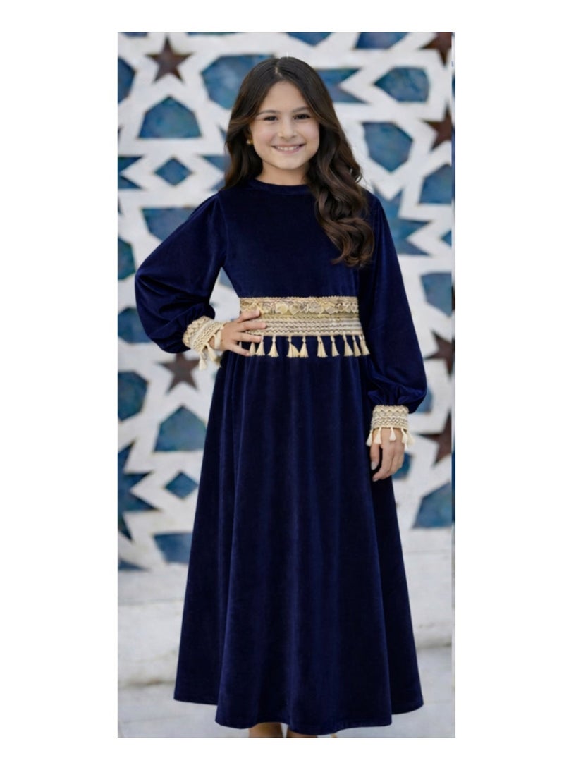Girls Velvet Ramadan Dress with Separate Tassel Trim, Long Sleeve Islamic Abaya, Traditional Modest Maxi Dress for Kids - Image 3